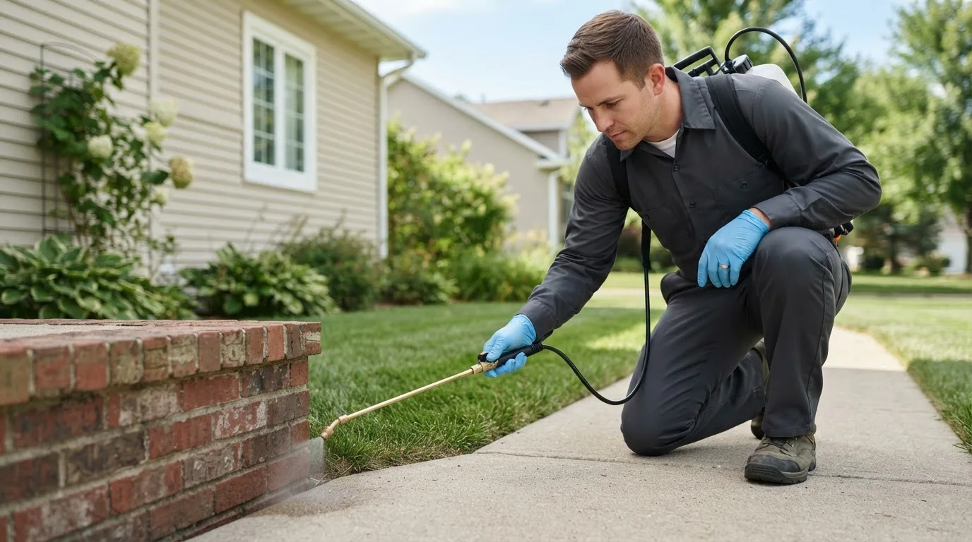 Pest control technician treating a home near China, TX